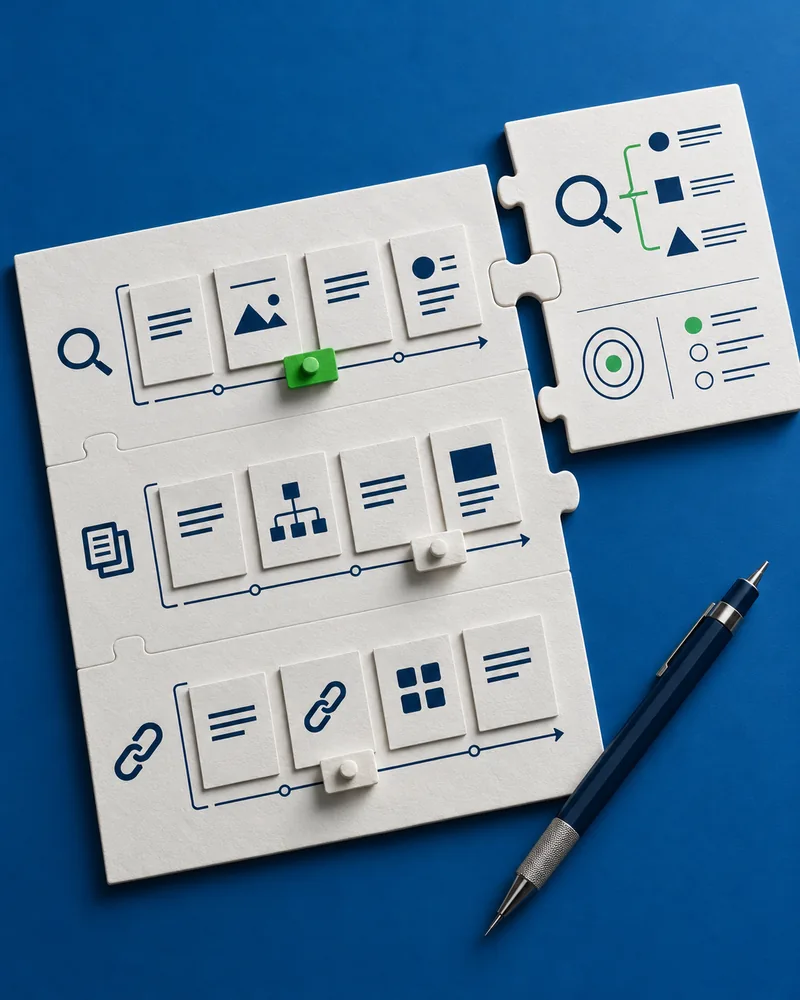 Planejamento de prioridades em tiras de papel, com uma análise encaixada ao plano sobre fundo azul.