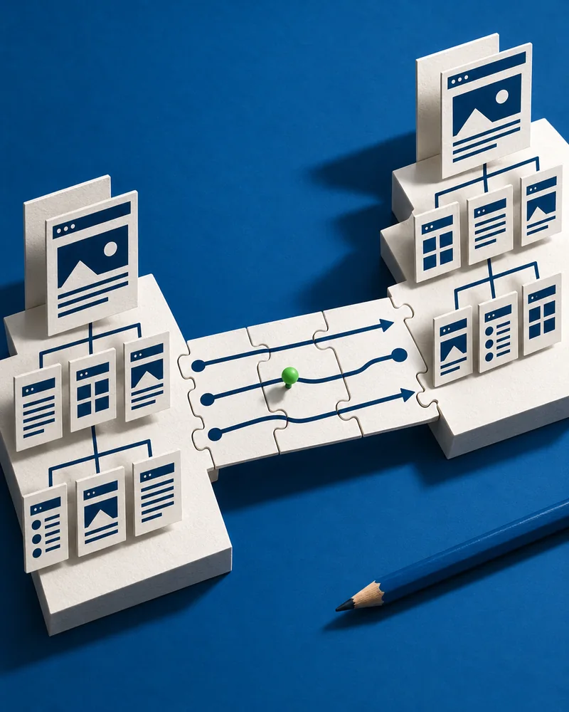 Dois mapas de páginas conectados por caminhos entre endereços de origem e destino, em uma ponte de papel.