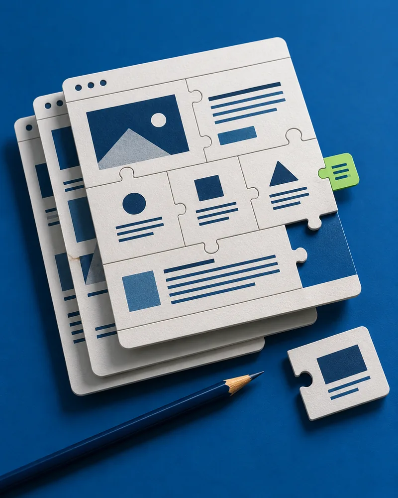 Camadas de uma página modular de papel são alinhadas, com um componente separado e uma marca verde de ajuste.