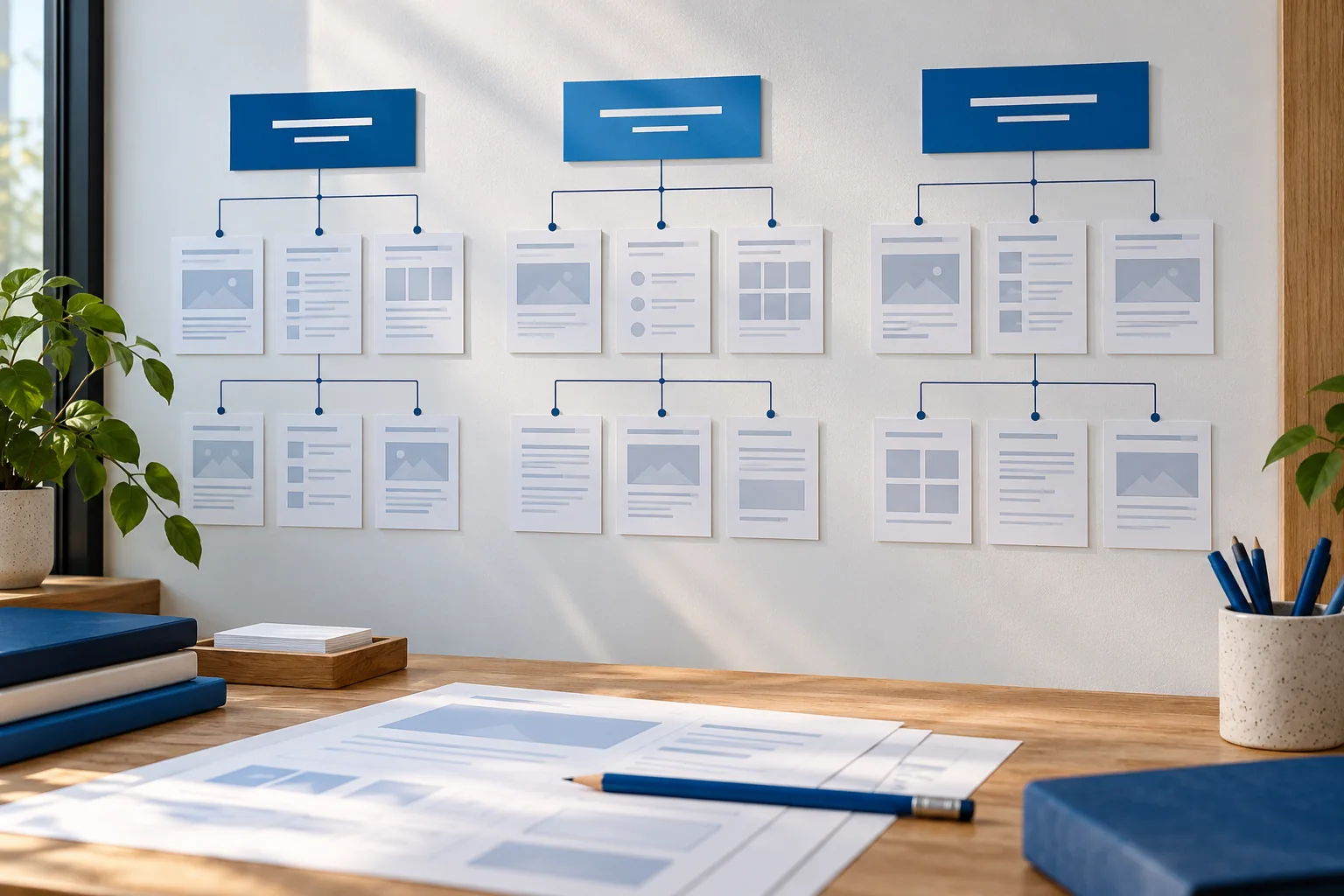 Pequenos mapas de páginas agrupados por assunto em um painel de organização de conteúdo