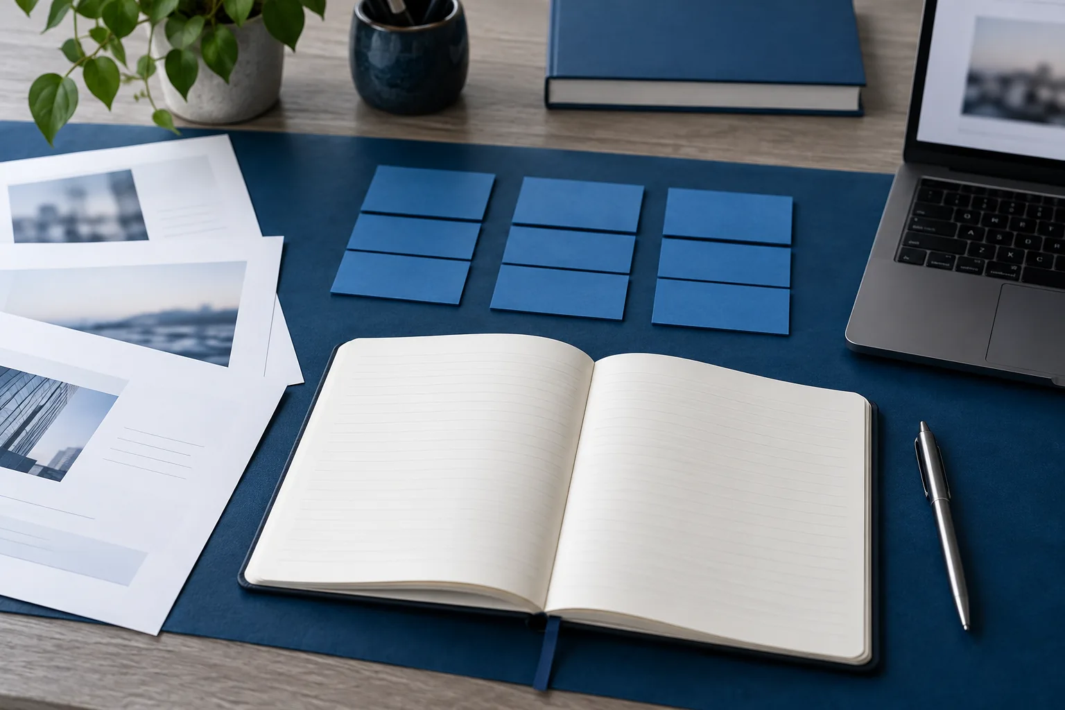 Mesa de planejamento com prioridades de SEO e um notebook