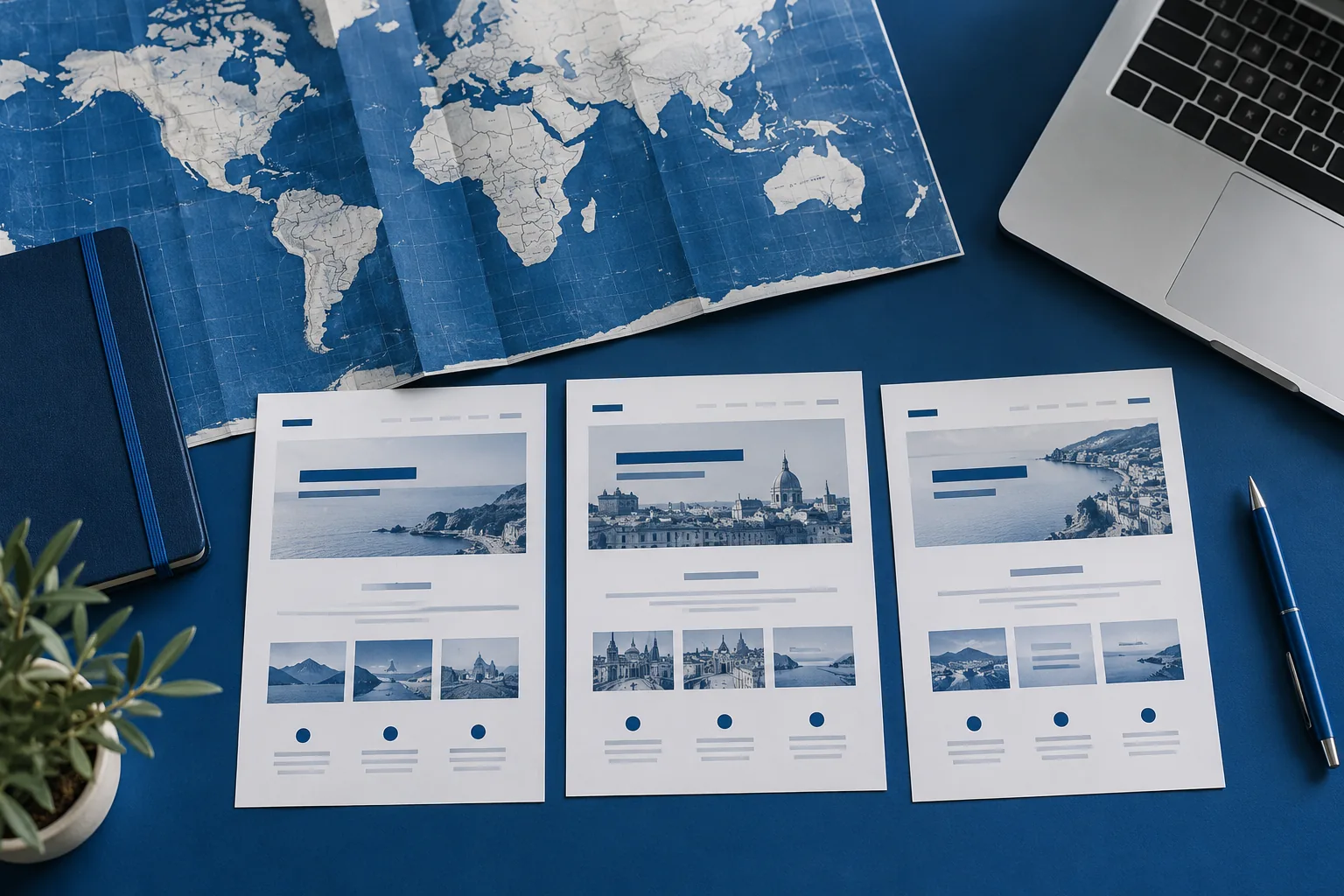 Planejamento de versões de um site por idioma sobre uma mesa azul