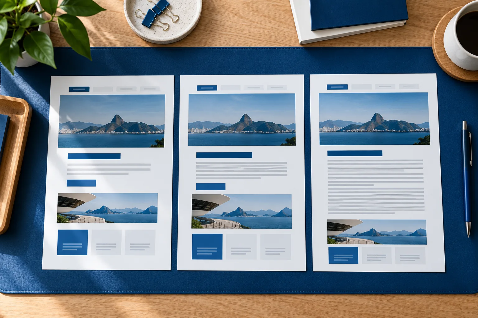 Páginas impressas em versões de idioma organizadas lado a lado sobre uma mesa azul