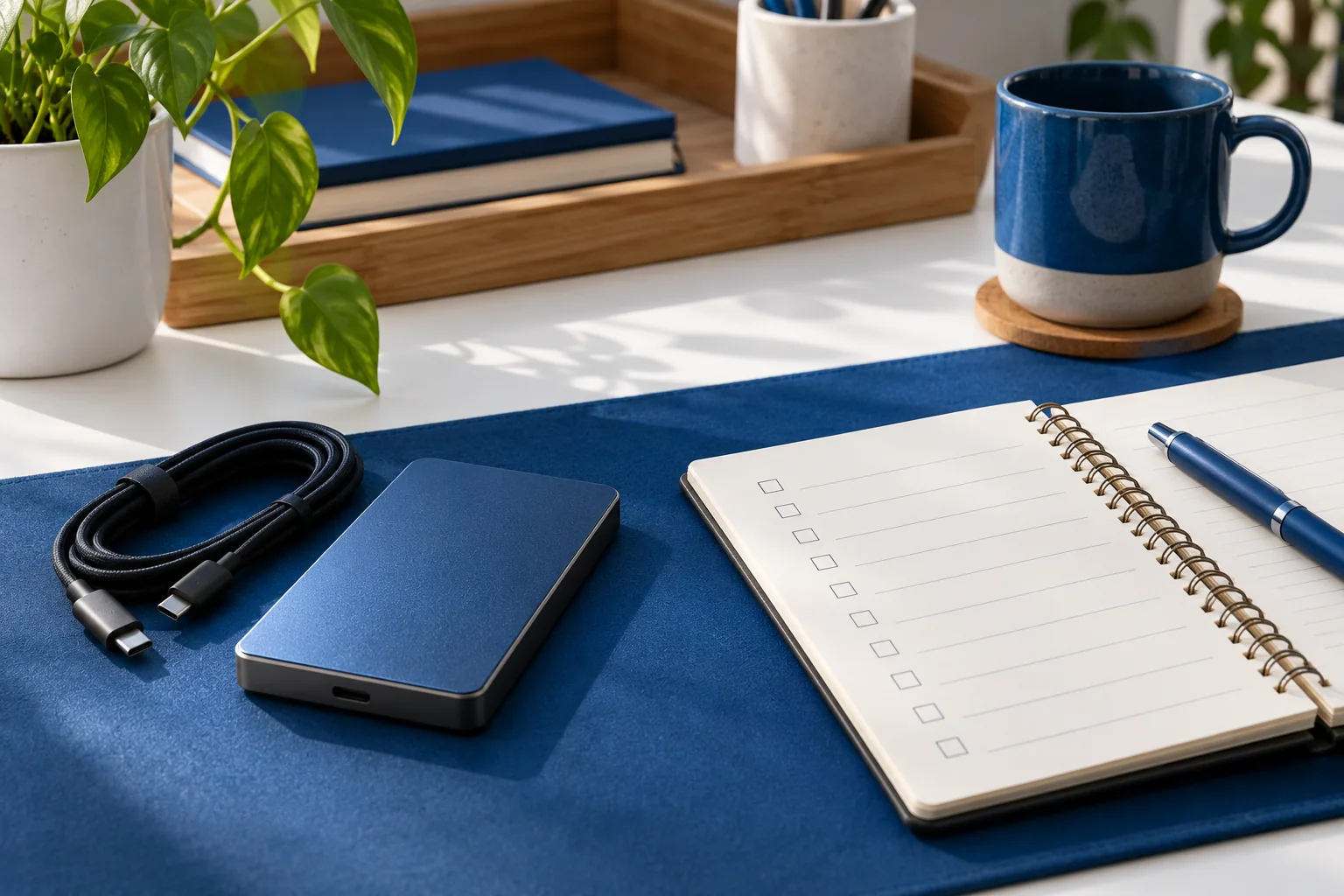 Disco de backup e caderno de rotina organizados em uma bancada de manutenção
