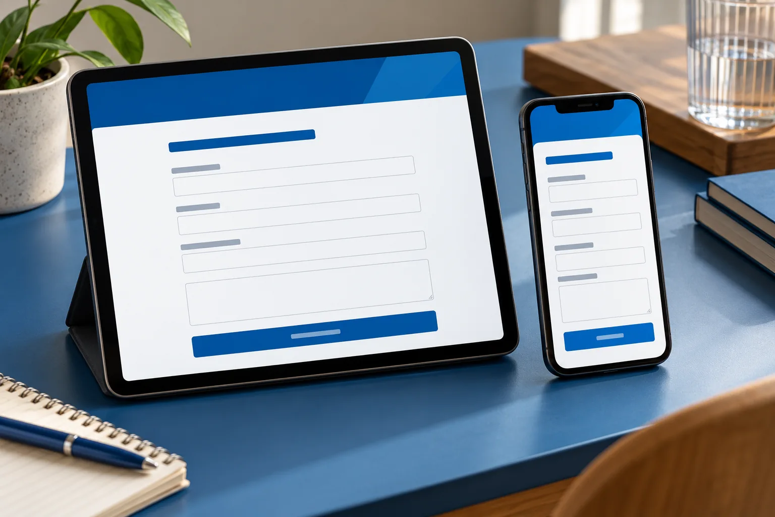 Tablet e celular apresentando versões de uma mesma página com comprimentos de texto diferentes