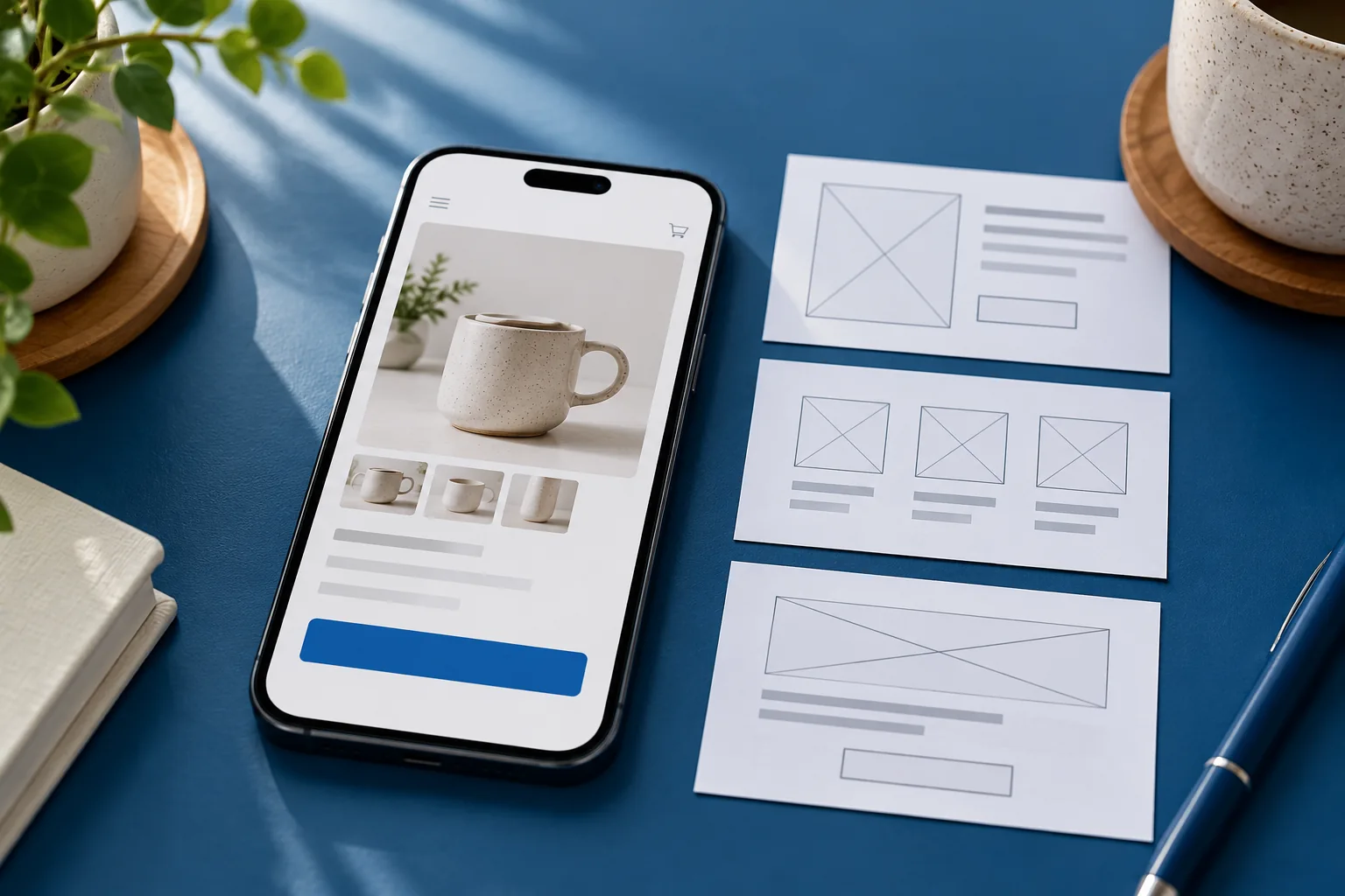 Celular exibindo uma página de produto ao lado de cartões que representam seus componentes