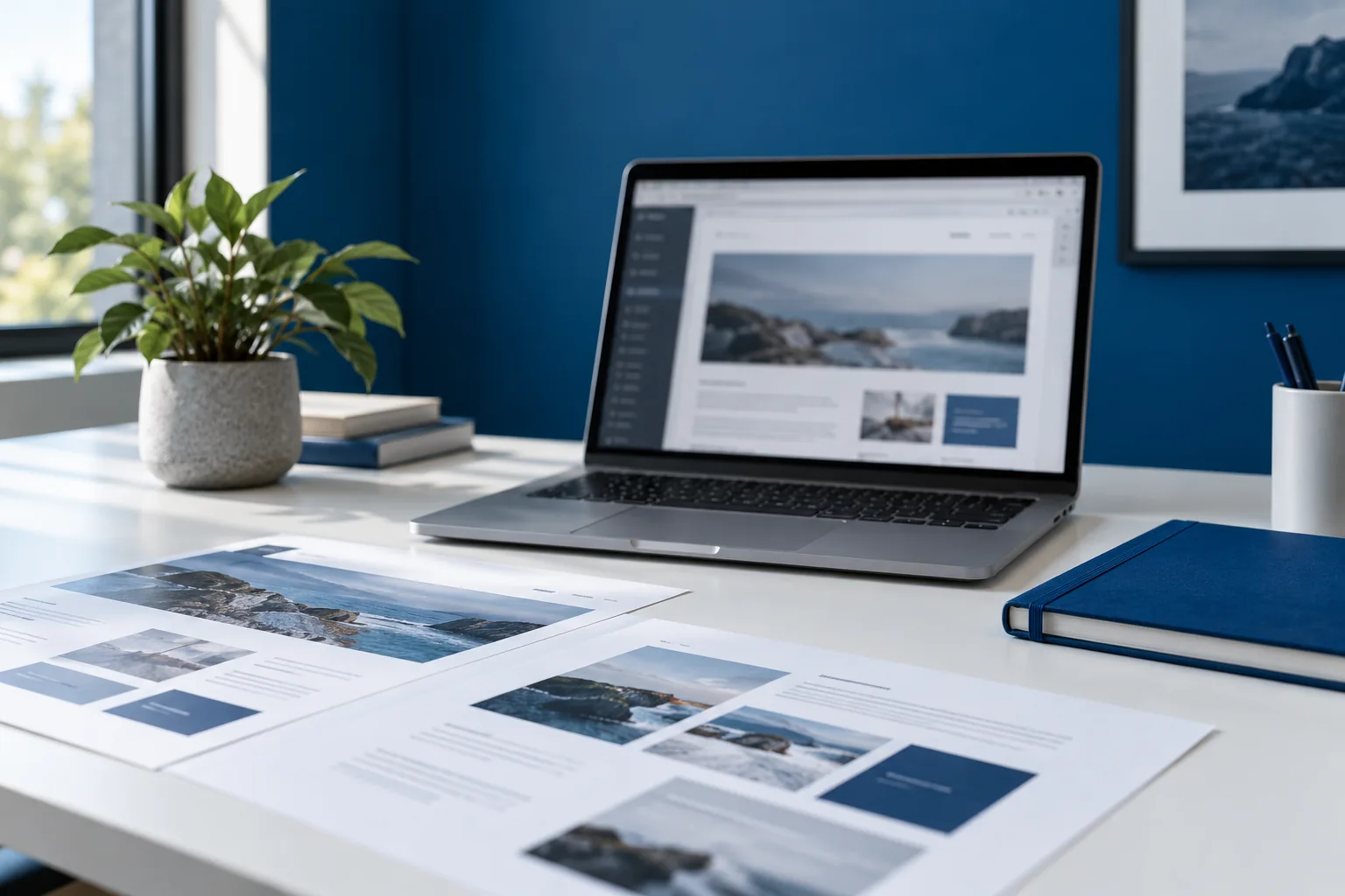 Ambiente de desenvolvimento WordPress com notebook e componentes de um site