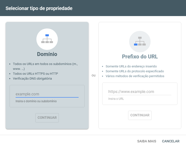 Tela de registro de propriedade no google search console