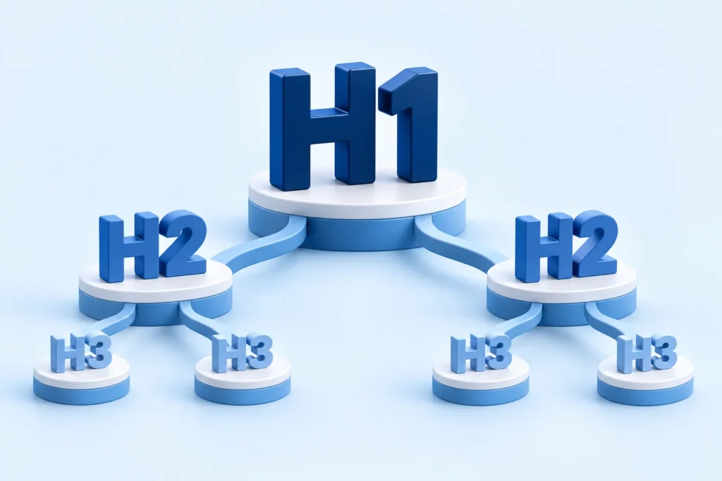 Ilustração da hierarquia de títulos, com H1 ligado a H2 e suas subdivisões H3
