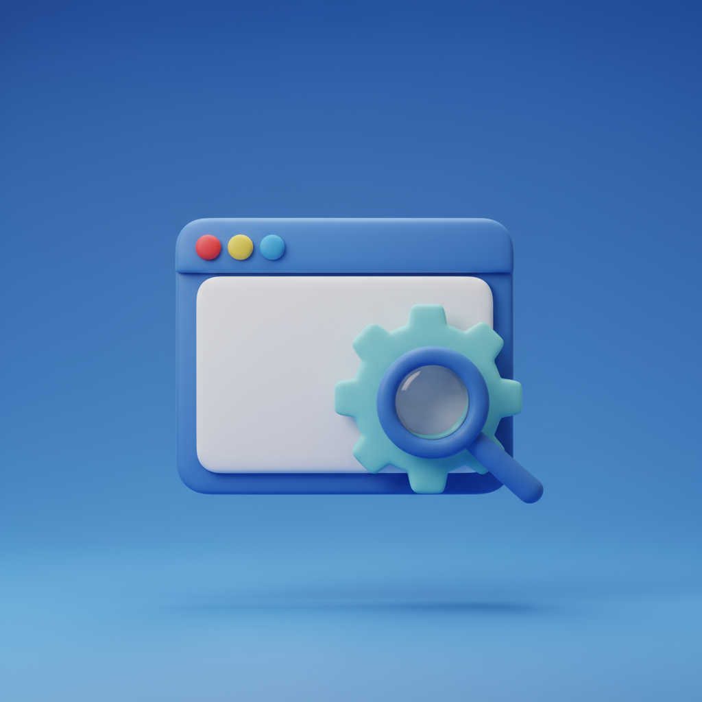 lupa com engrenagem em uma página de site com fundo azul