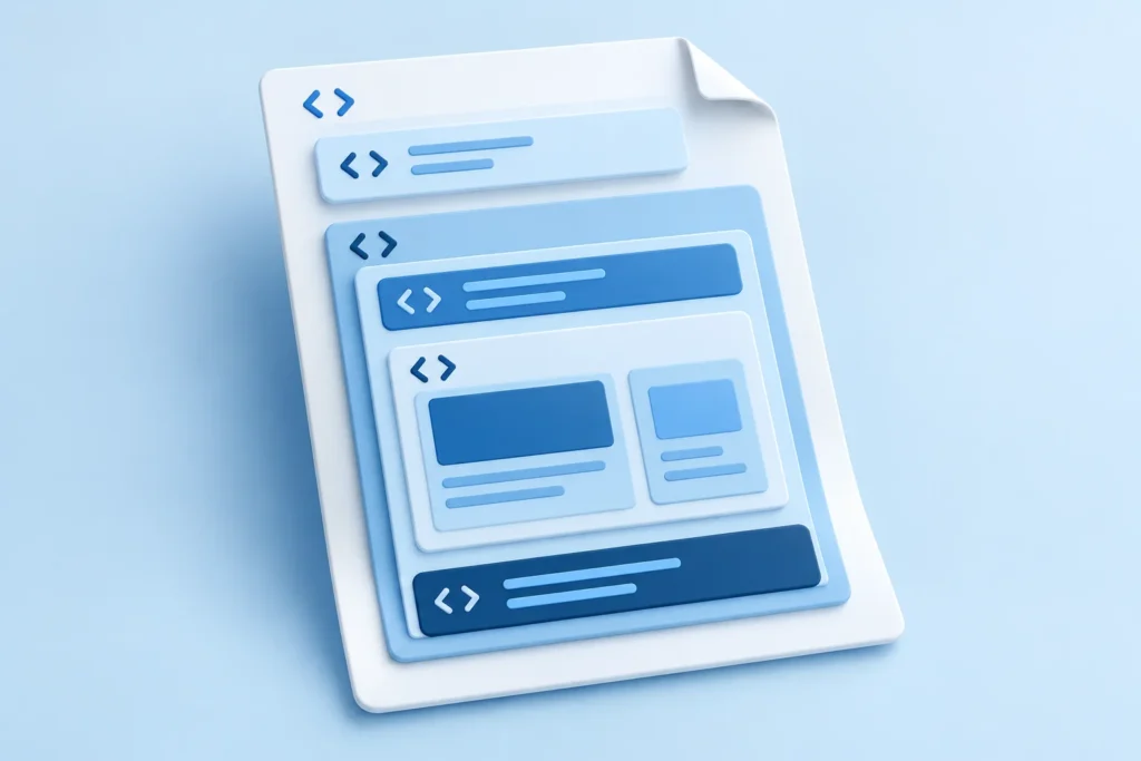 Ilustração de um documento HTML organizado em regiões e blocos de conteúdo
