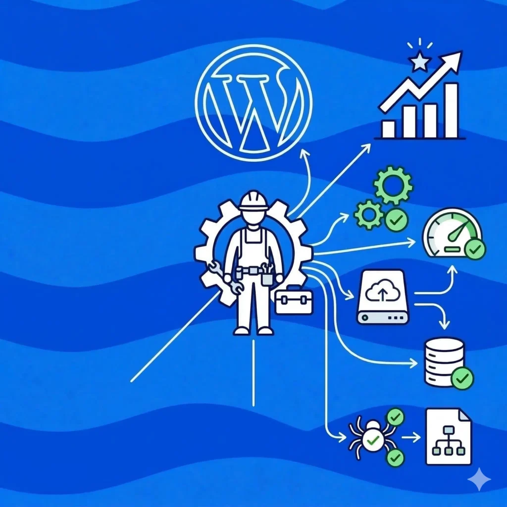 mecânico com logo do wordpress para manutenção