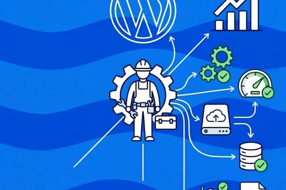 mecânico com logo do wordpress para manutenção