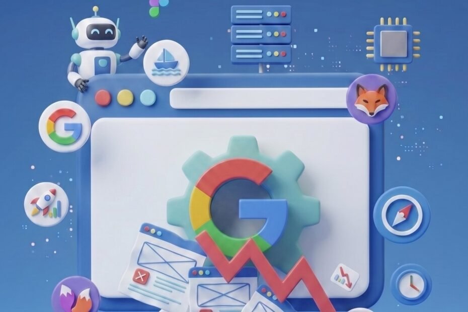 Logo do Google com seta caindo indicando queda de site