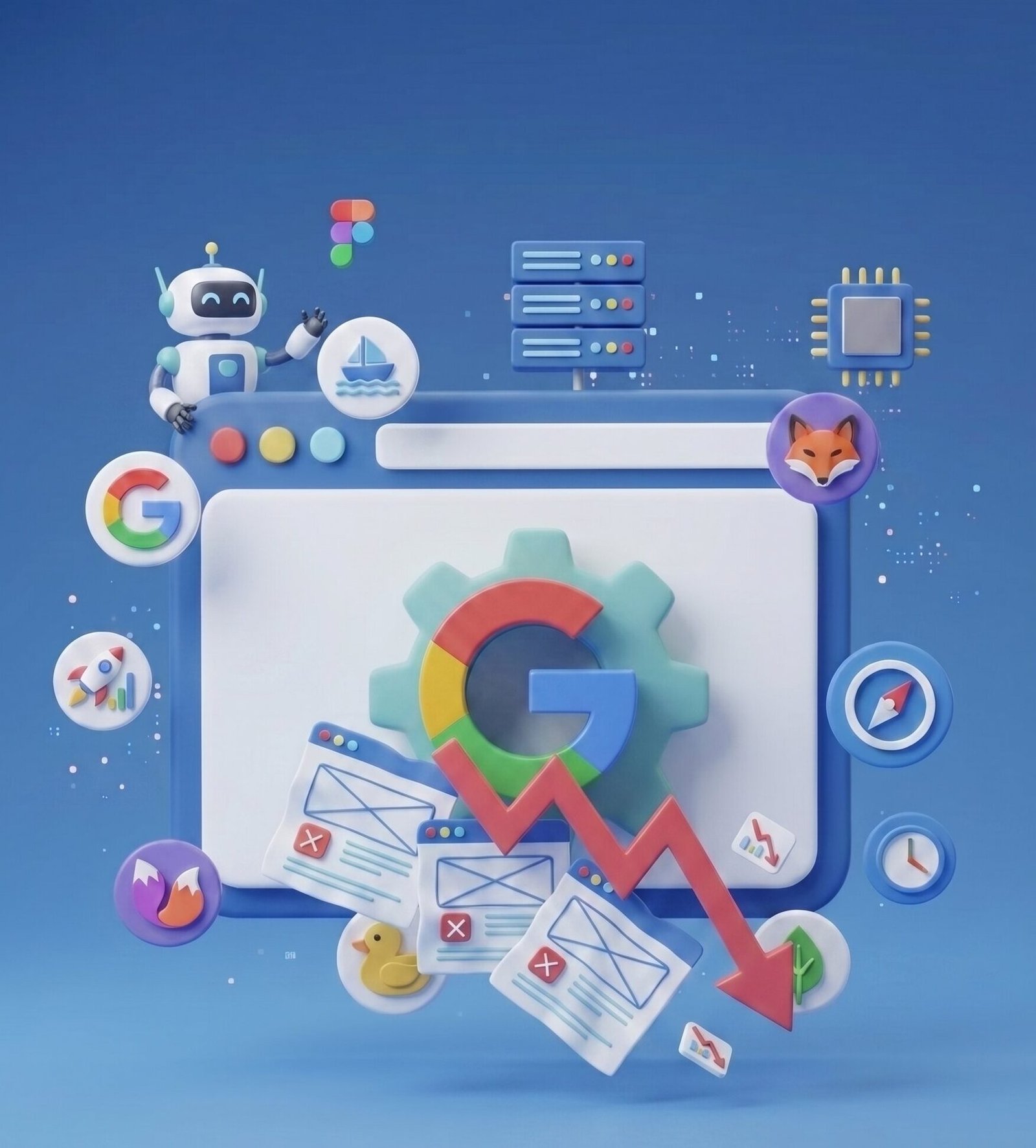 Logo do Google com seta caindo indicando queda de site