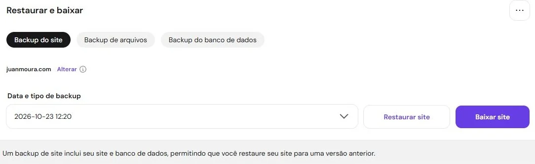 hPanel com escolha entre backup do site, arquivos e banco de dados, data e botão Restaurar site