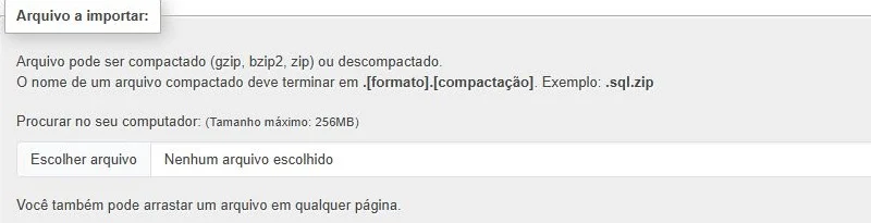 Formulário do phpMyAdmin para escolher o arquivo a importar, sem nenhum arquivo selecionado