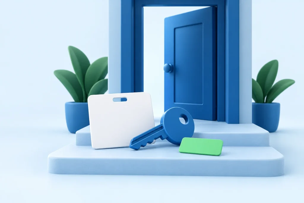 Chave e cartão de identificação diante de uma entrada de acesso