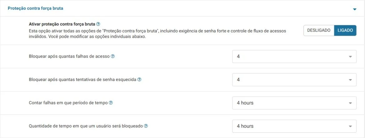 Proteção contra força bruta do Wordfence com os campos de falhas, período de contagem e tempo de bloqueio