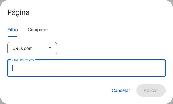 Filtro Página do Search Console com a condição URLs com e o campo URL ou texto vazio