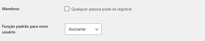 Configurações de cadastro público e da função padrão para novos usuários no WordPress