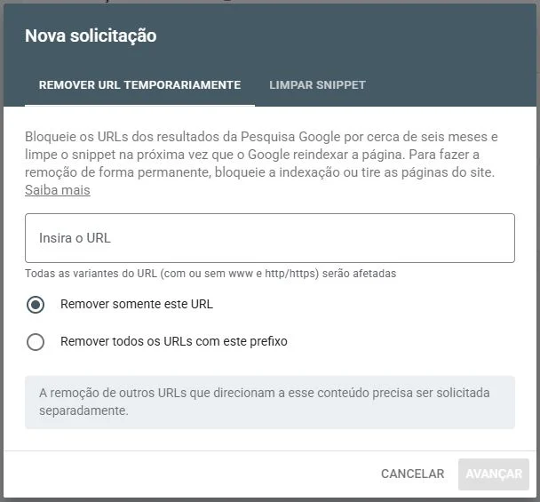 Formulário de remoção temporária com escolha entre uma URL e um prefixo, sem endereço preenchido