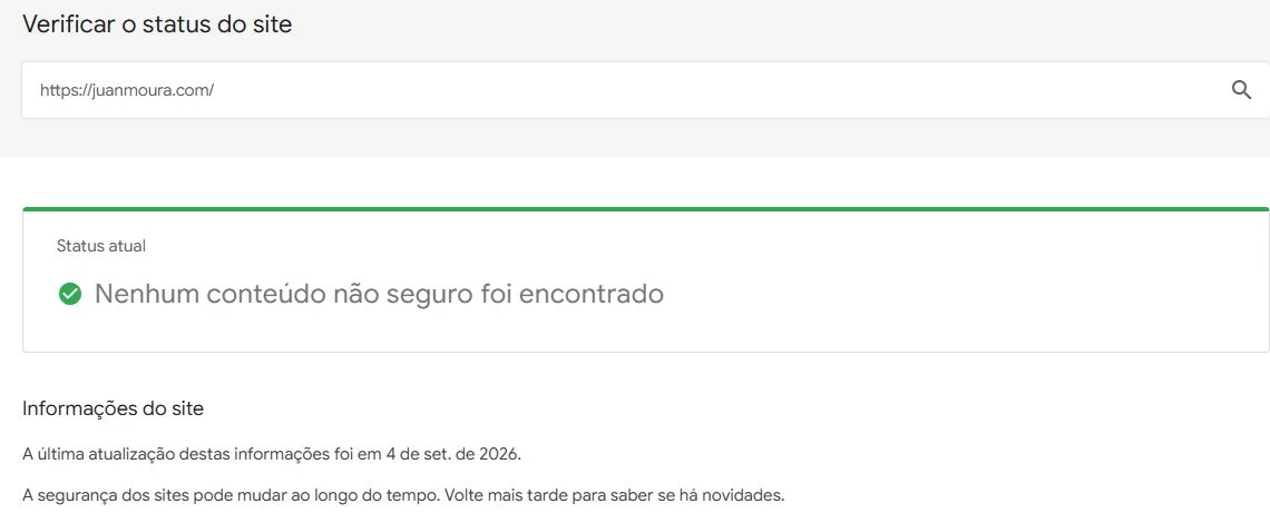 Consulta do Navegação segura mostrando o campo de endereço, o status e a data das informações