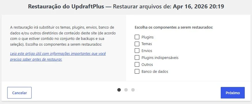 Assistente do UpdraftPlus com seleção separada de plugins, temas, envios, outros arquivos e banco de dados