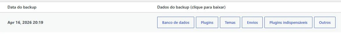 Conjunto de backup do UpdraftPlus com data e componentes disponíveis